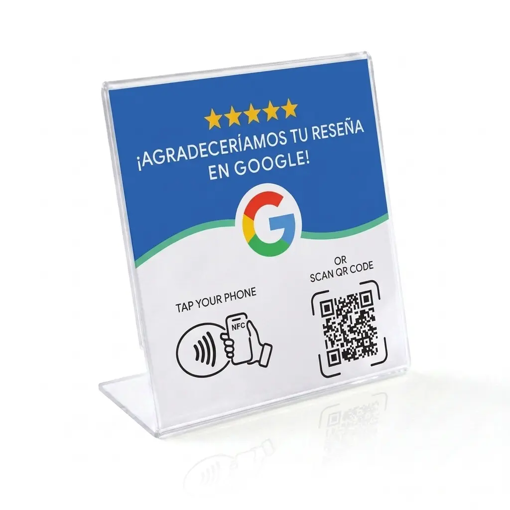 Display de acrílico para mostrador con QR - Google Azul