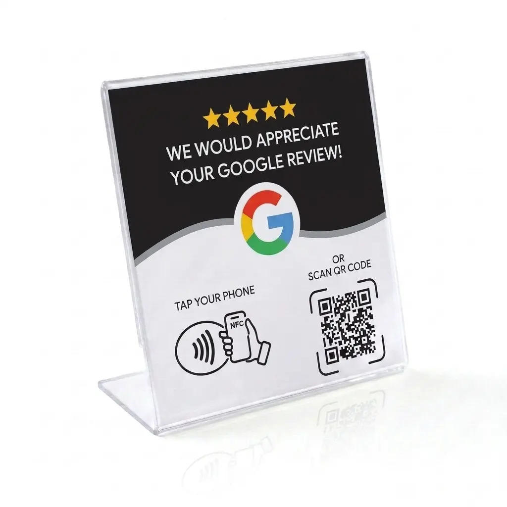 Display de acrílico para mostrador con QR - Google Negro
